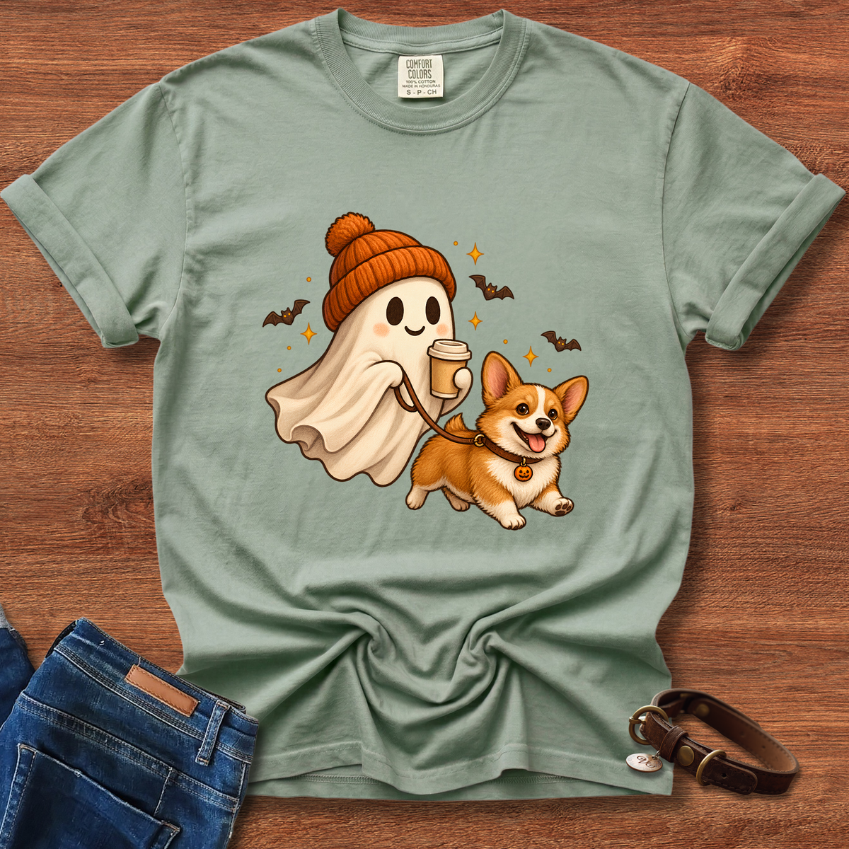 Halloween Ghost Walking Corgi T-Shirt