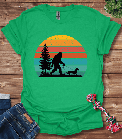 Bigfoot Walking A Dachshund T-Shirt