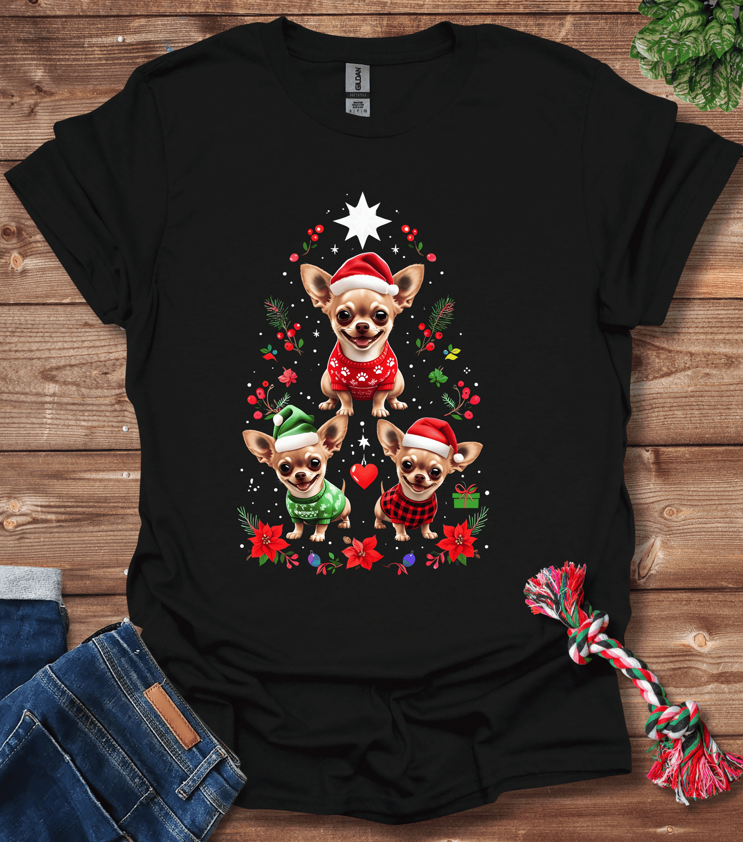 Cartoon Chihuahuas Festive Tree With Holiday Attire T-Shirt