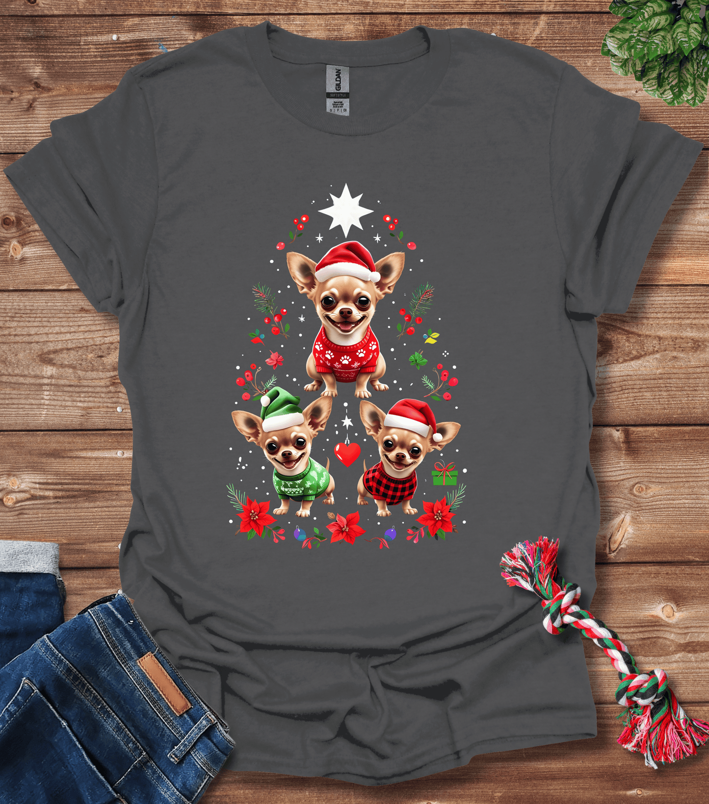 Cartoon Chihuahuas Festive Tree With Holiday Attire T-Shirt