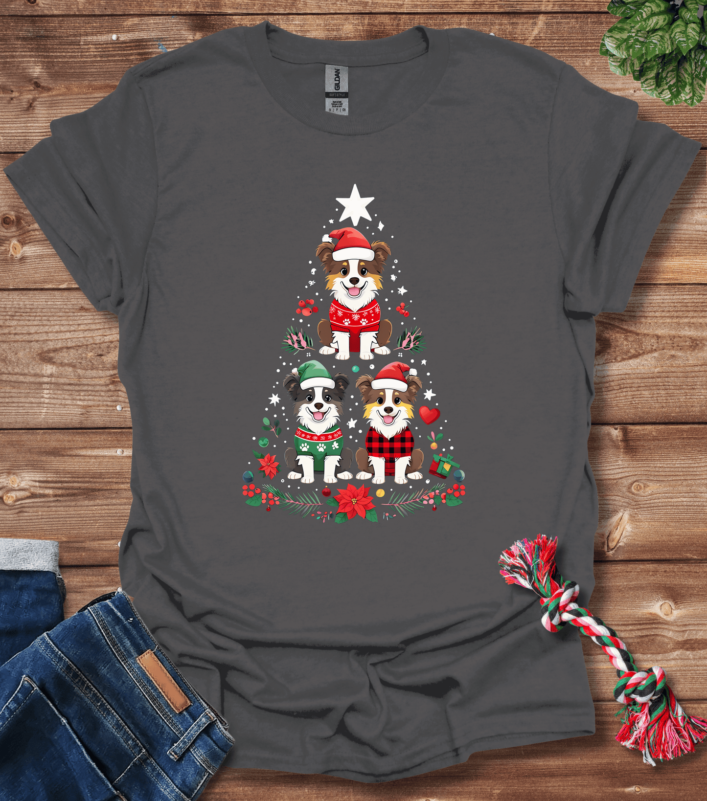 Cartoon Border Collie Christmas Tree T-Shirt