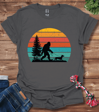 Bigfoot Walking A Dachshund T-Shirt
