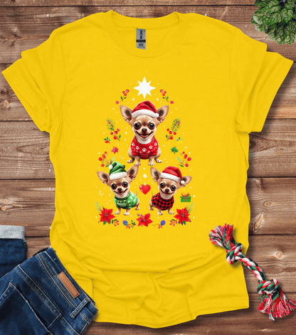 Cartoon Chihuahuas Festive Tree With Holiday Attire T-Shirt