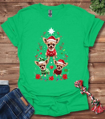 Cartoon Chihuahuas Festive Tree With Holiday Attire T-Shirt