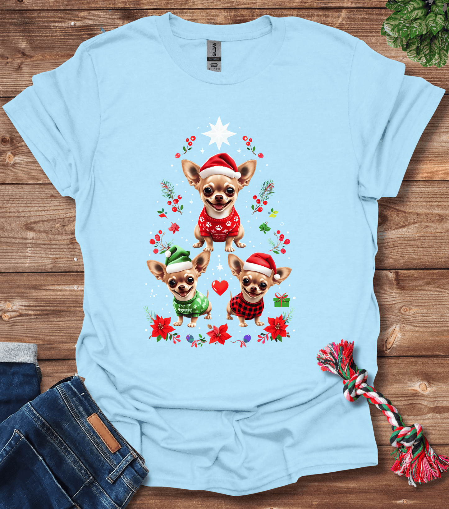 Cartoon Chihuahuas Festive Tree With Holiday Attire T-Shirt