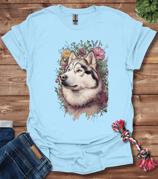 Siberian Husky In Flowers T-Shirt