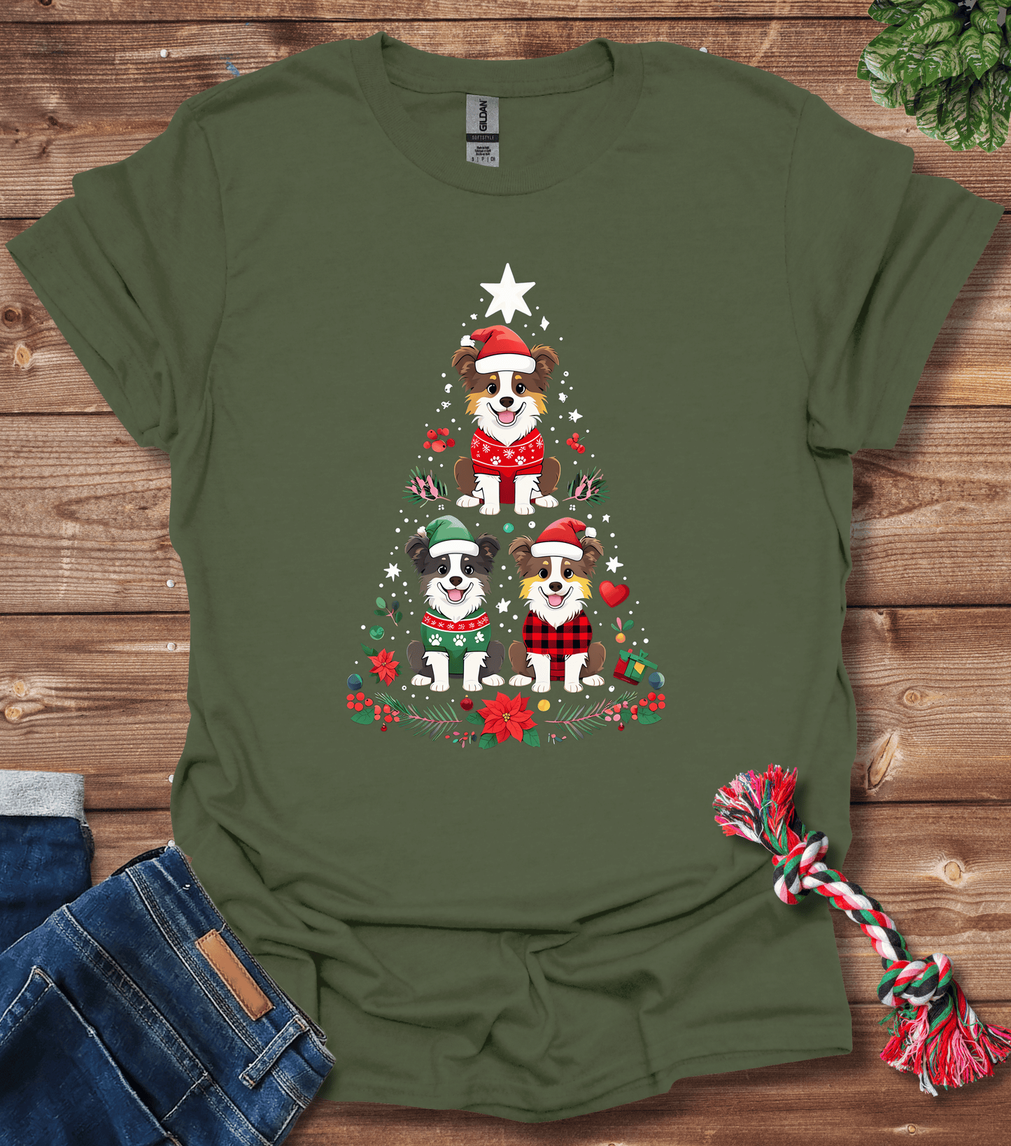 Cartoon Border Collie Christmas Tree T-Shirt