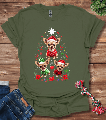 Cartoon Chihuahuas Festive Tree With Holiday Attire T-Shirt